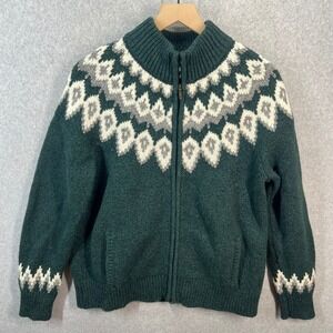 LL Bean Mens XL Lambswool Full Zip Fair Isle Cardigan Sweater Green 503420